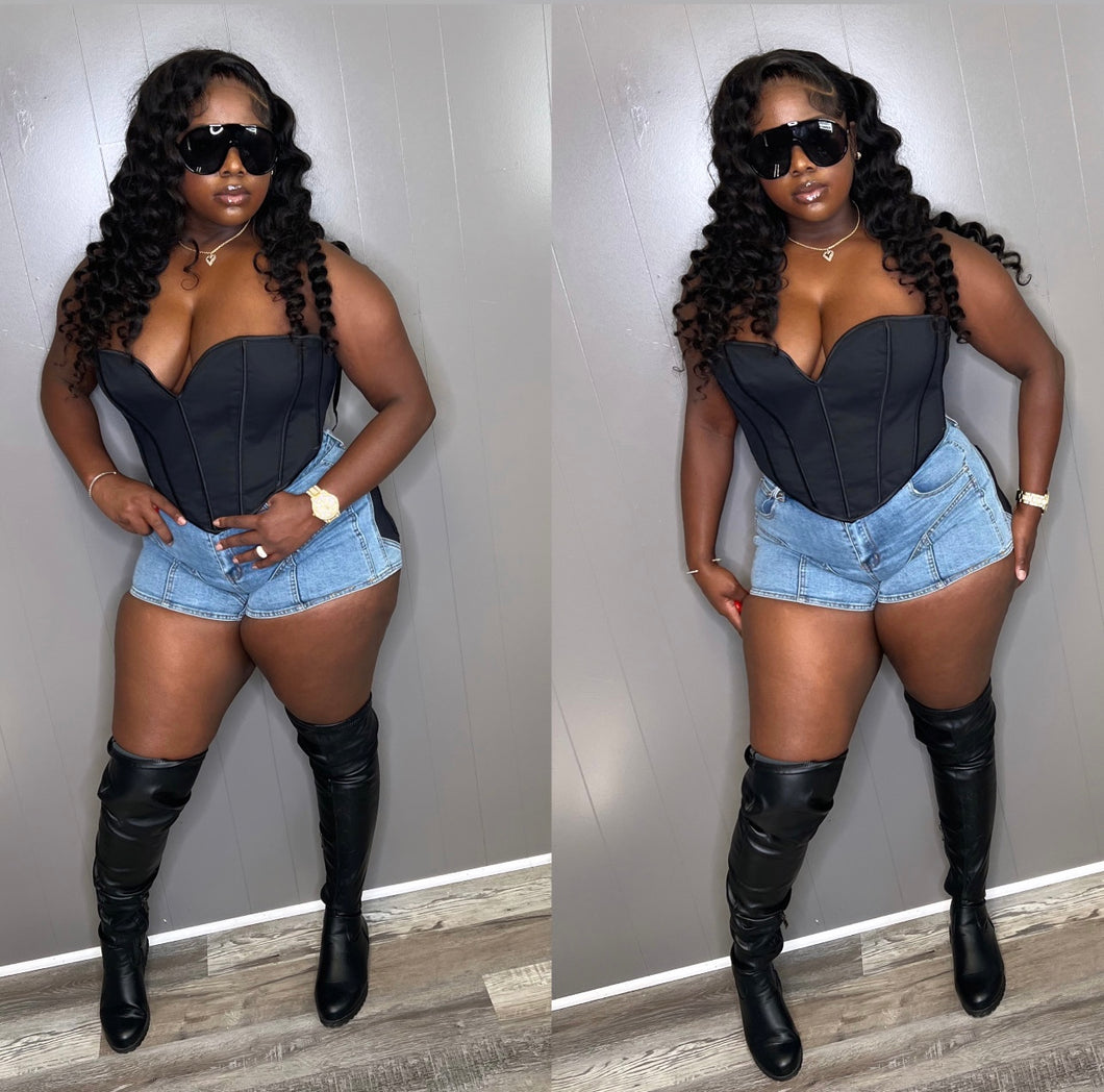 Denim & black shorts