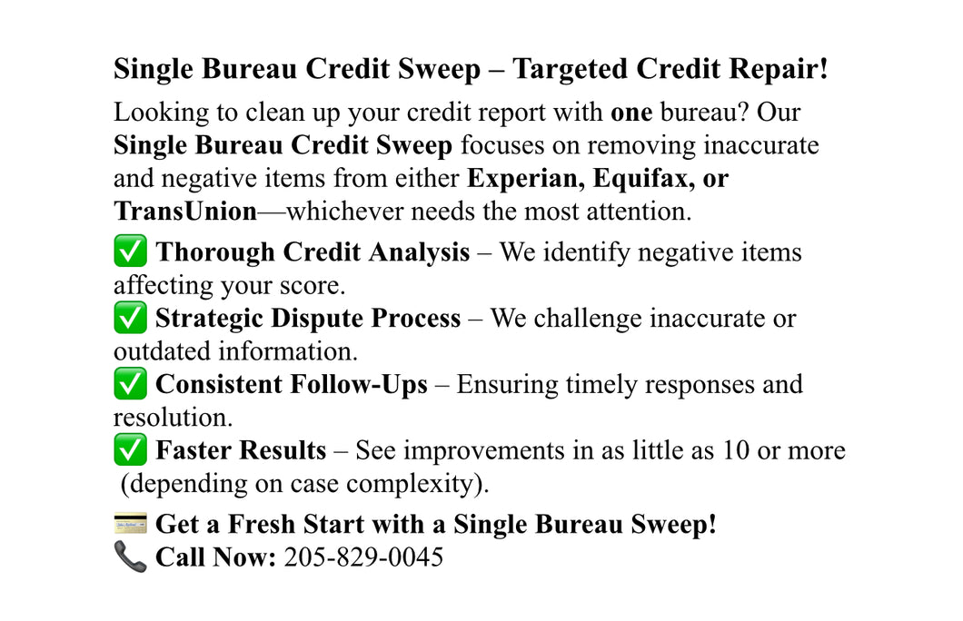 Single Bureau Credit Sweep – Targeted Credit Repair! (One round)