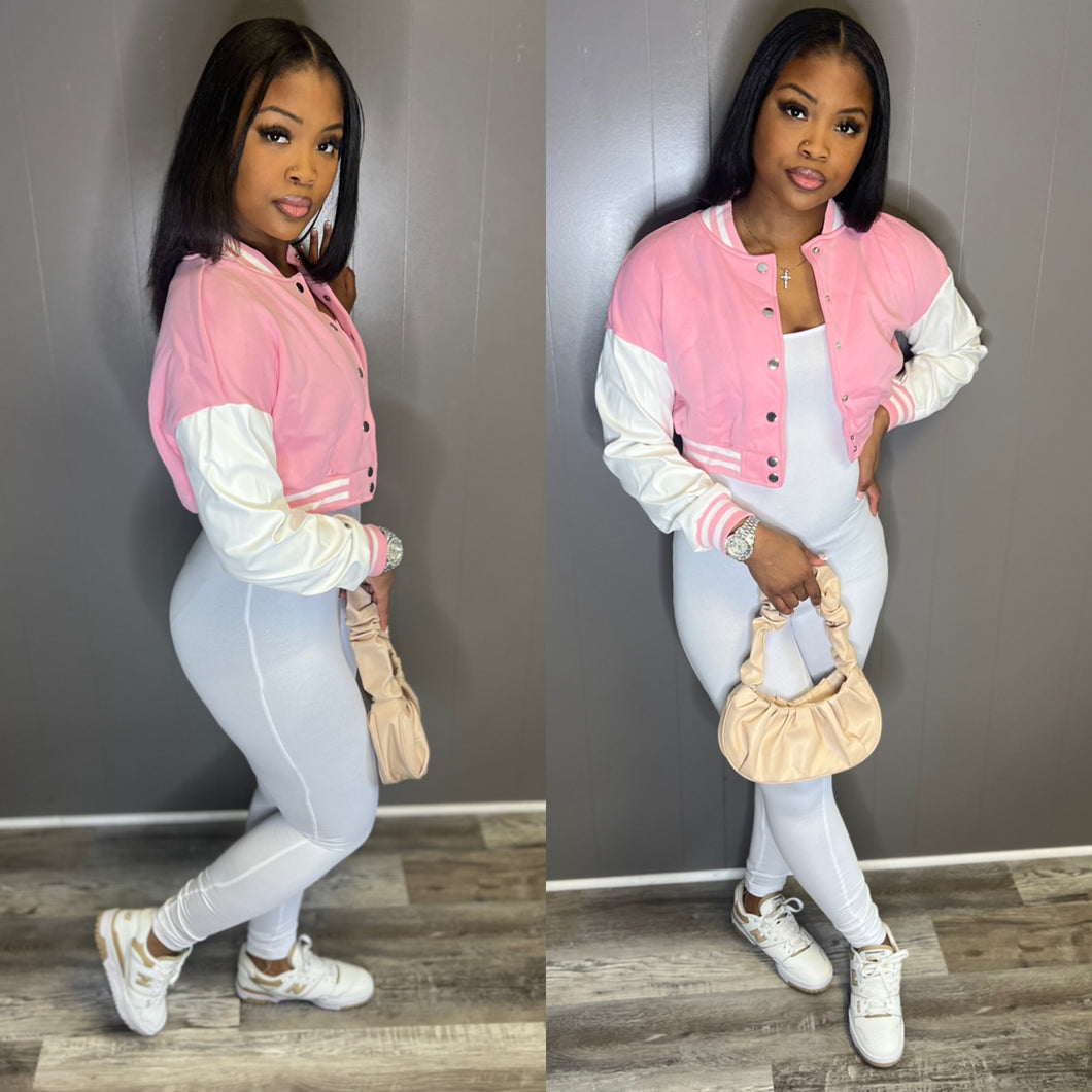 Pink leather sleeve jacket