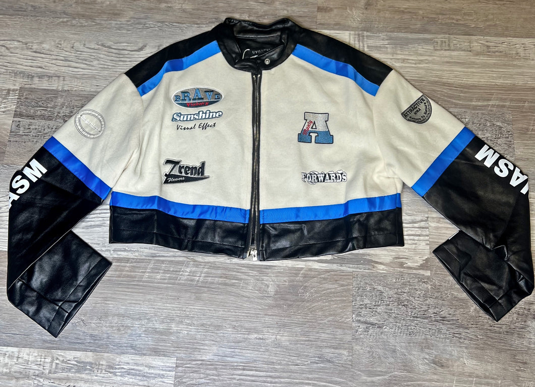 Blue and white graphic coat