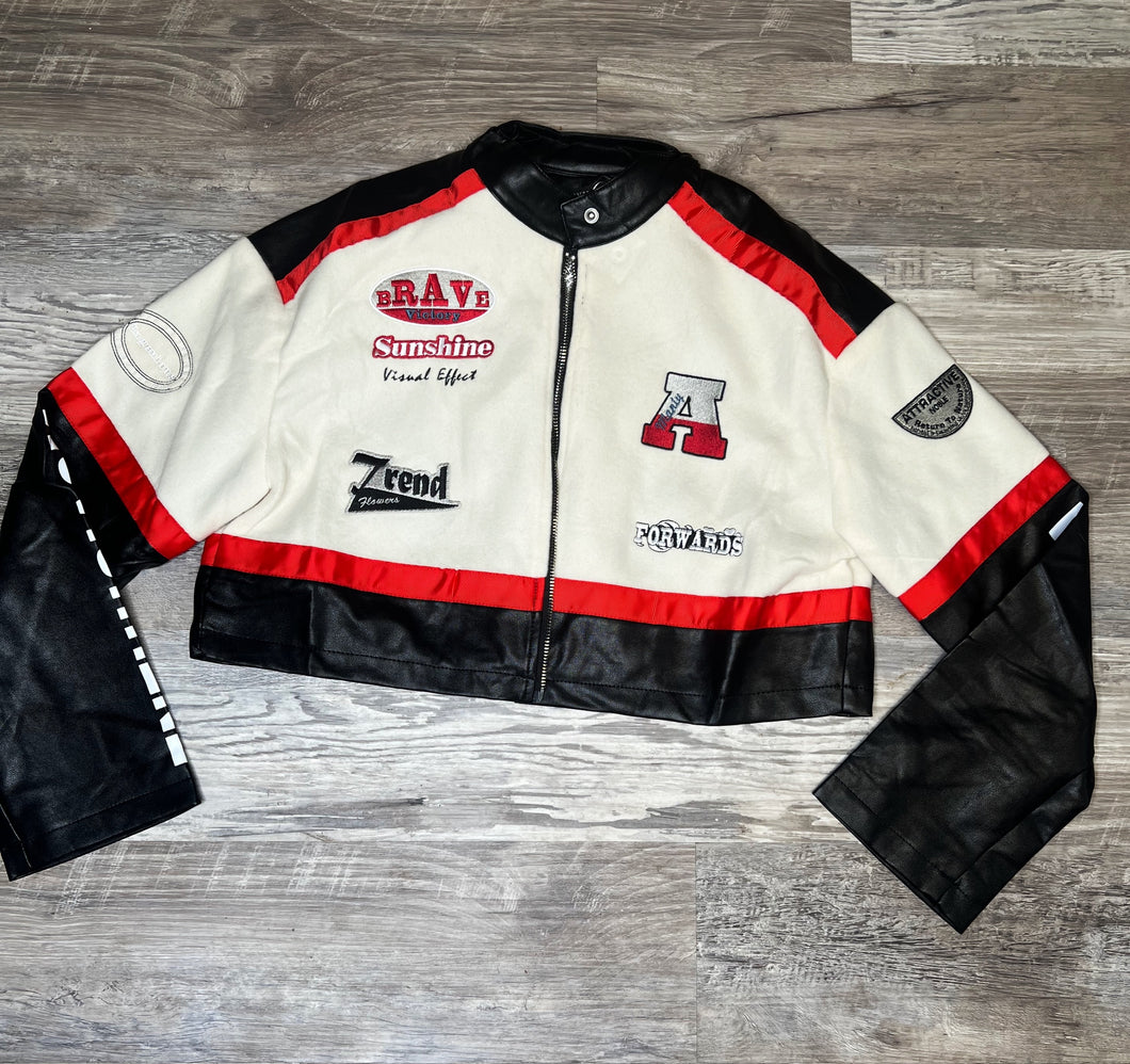 Red and white graphic coat