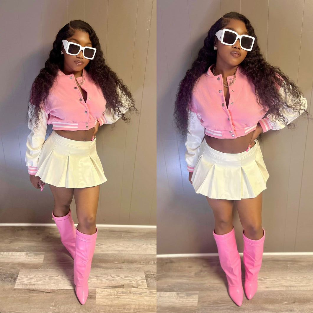 Pink & white leather arm jacket